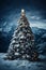 Christmas tree in winter forest at night, with decoration for New Year\\\'s holidays, dark, snow, winter season