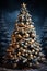 Christmas tree in winter forest at night, with decoration for New Year\\\'s holidays, dark, snow, winter season