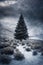 Christmas tree in a winter forest, snow covered mountains, overcast, hard and beautiful