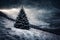 Christmas tree in a winter forest, snow covered mountains, overcast, hard and beautiful nature,dark dramatic sky