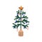 Christmas tree. Xmas fir decorated with holiday baubles. Live spruce designed with ornaments, decorations, star topper