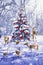 Christmas tree. Xmas scene with animals. Illustration in oil paintong style.