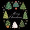 Christmas trees with colorful baubles, balls, ribbons and snow, candles vector illustration. Glowing merry christmas and