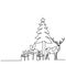 Christmas trees and deers continuous one line vector drawing. Reindeer with gift box christmas party in winter season. Merry
