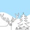 Christmas trees and deers continuous one line vector drawing. Reindeer with gift box christmas party in winter season. Merry