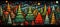 Christmas trees and holiday banner Cartoon linear art style. Christmas holidays. Horizontal format for banners, posters,