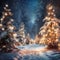 Christmas trees illuminated with golden lights along an alley in winter park at night