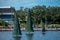 Christmas trees and partial view of Bayside Stadium on blue lake at Seaworld 11