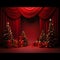 Christmas trees with red baubles, gifts with ribbons all around, red curtains, curtains and podium.Christmas banner with space for