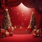 Christmas trees with red baubles, gifts with ribbons all around, red curtains, curtains and podium.Christmas banner with space for