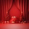 Christmas trees with red baubles, gifts with ribbons all around, red curtains, curtains and podium.Christmas banner with space for