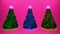 Christmas trees rotating on pink background. Christmas and New Year seamless looping animation. Christmas Card 2024