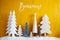 Christmas Trees, Snow, Yellow Background, Bienvenue Means Welcome