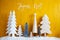 Christmas Trees, Snow, Yellow Background, Joyeux Noel Means Merry Christmas