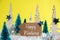 Christmas Trees, Snow, Yellow Background, Label, Text Happy Weekend