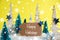 Christmas Trees, Snowflakes, Yellow Background, Label, Text Happy Holidays
