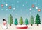 Christmas trees with snowman and podium on snowing background.