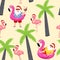 Christmas tropical pattern with Santa Claus and flamingo. Vector seamless texture.