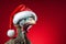 A christmas turkey wearing a festive santa hat. Studio shot against a red background