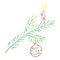 Christmas twig, candle and ornament bulb, vector icon, scribble
