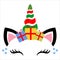 Christmas unicorn, unicorn face with Christmas gifts, cute unicorn eyes.Unicorn head on a white background