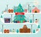 Christmas urban and rural landscape in flat design. City winter life with modern icons of urban and suburban buildings.