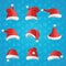 Christmas various hats set in cartoon style on blue background.
