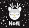 Christmas vector card with Noel and cute hand drawn reindeer face. Winter holidays illustration with cartoon character