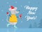 Christmas vector cart with funny mouse skating in yellow cheese sweater