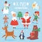 Christmas vector characters cute cartoon Santa Claus, snowman, Reindeer, Xmas bear, Santa wife, dog New Year symbol, elf