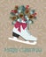 Christmas vector illustration with winter skates, fir branches , pinecone and berry. Festive template for greeting cards