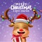 Christmas vector reindeer character banner design. Merry christmas text with cute reindeer animal character with gift and colorful