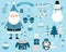 Christmas vector set in blue and white colors with Santa Claus, snowman, penguin and winter clothes and elements