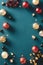 Christmas vertical banner design. Classic composition featuring golden and red baubles on vintage teal background. Perfect for