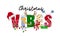 Christmas vibes. Hand drawn doodle text with Santa hat, antler, garlands and tied bow. Christmas design for poster, banner, t