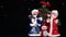 Christmas video card with Santa Claus snow Maiden and Snowman on a dark background with flashing lights garlands