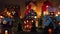 Christmas village with decorated ceramic houses lit by candles. Group of colored houses. Holiday time