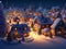 A Christmas village is lit up at night, and cute detailed digital art.