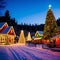 Christmas village at night with large Christmas trees