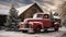 Christmas Vintage Pick-up Truck Carrying A Christmas Tree Parked Outside Festively Decorated Barn Shop. Generative AI