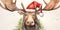 Christmas watercolor background. Christmas card. Adorable santa moose in a red hat