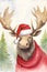 Christmas watercolor background. Christmas card. Adorable santa moose in a red hat