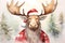 Christmas watercolor background. Christmas card. Adorable santa moose in a red hat