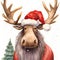 Christmas watercolor background. Christmas card. Adorable santa moose in a red hat