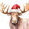 Christmas watercolor background. Christmas card. Adorable santa moose in a red hat