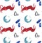 Christmas Watercolor beautiful seamless pattern with penguins, candy, moon and mittens