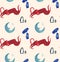 Christmas Watercolor beautiful seamless pattern with penguins, candy, moon and mittens