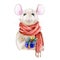 Christmas watercolor hand painted illustration of a nice mouse in a cozy winter red warm scarf. A chinese new year symbol of 2020