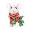 Christmas watercolor hand painted illustration of a nice mouse in a cozy winter red warm scarf. A chinese new year symbol of 2020.