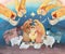 Christmas watercolor illustration of the Nativity scene: the newborn Jesus Christ, the Blessed Virgin Mary, Joseph, angels and the
